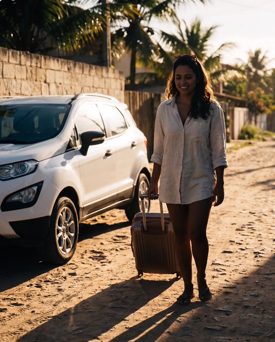 Mulher viajando sozinha caminhando com a mala até o carro
